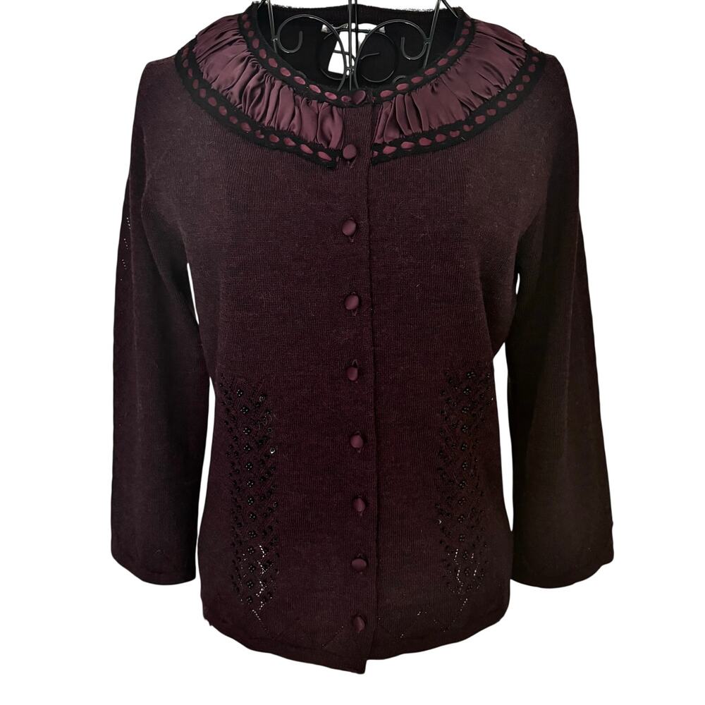 Nanette Lepore Merino Wool Silk Ruffled Beaded Knit Cardigan Sweater Purple